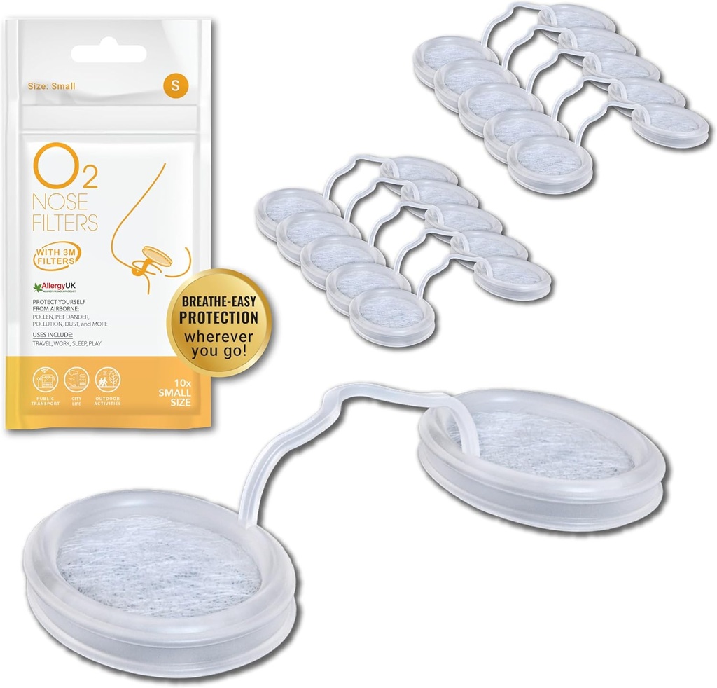 Filtri di Noso O2 con Filtrazione 3M - Filtri di Noso per Allergie - Filtro Nasale per Allergie - Nostril Dust Mask, Filtro Fumo e Allergia (Size Small, Confezione da 10)