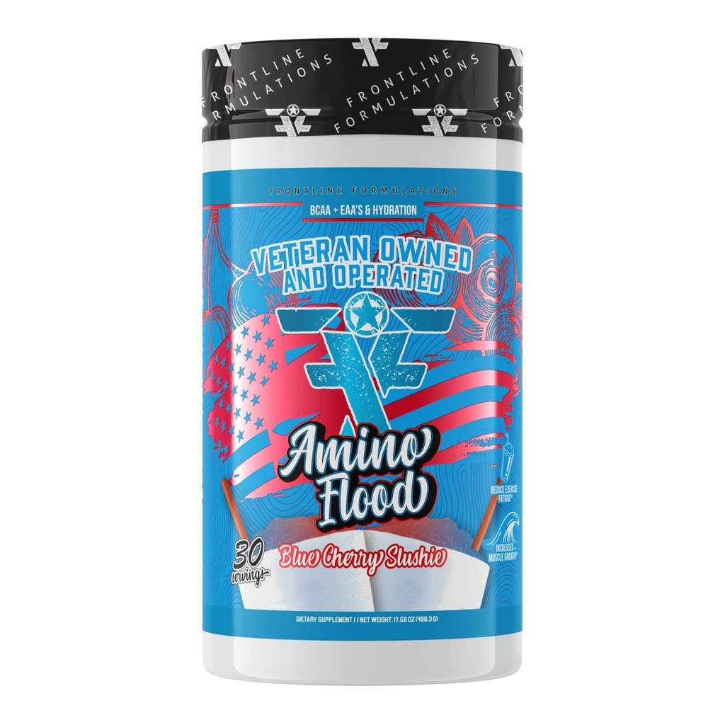 Amino Inondazione, BCAAs + Aminoacidi essenziali, Blocchi di costruzione del muscolo, Formula completa, Grande Gusto, Veteran Gusto e Operato (30 Serve, Blue Cherry Slushie)