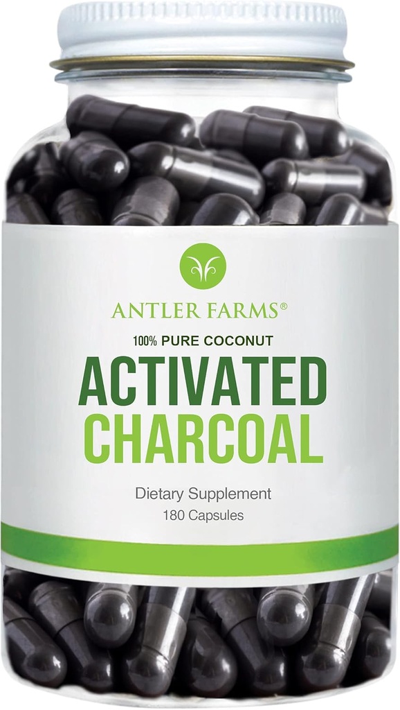 Antler Farms - 100% Pure Coconut Activated Charcoal, 180 Capsule 260mg - Wild Harvested, Virgin Coconut Shell, USP Food Grade, Steam Activated, Ultra Fine