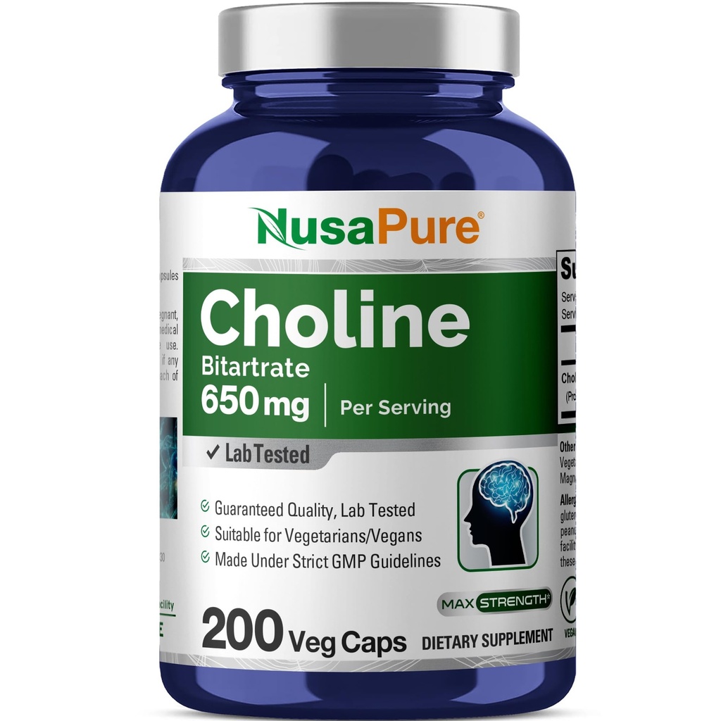 NusaPure Choline Bitartrate 650 mg 200 capsule vegetali (Vegetarian, Non-GMO, Vegan)