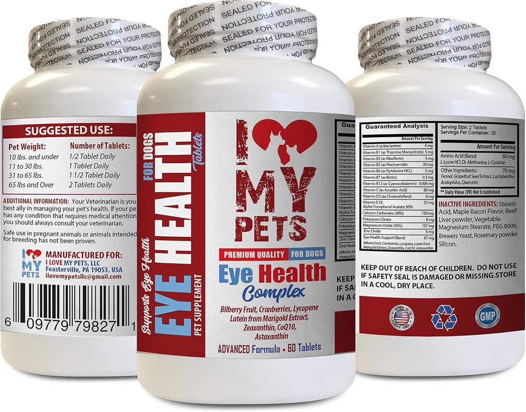 Amo il mio PETS LLC Dog Eye Supplemento - Dog Eye Health Complex - Formula Premium - Vet Consigliato - Cane Lutein - 1 Bottiglia (60 Trattamenti)