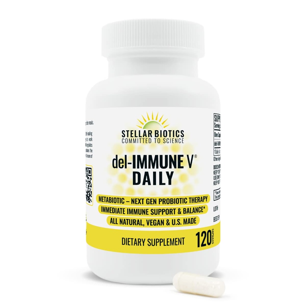 Del-Immune V® Daily by Stellar Biotics, All-Natural Immune Support & Gut Health, Assistenza immediata, Metabiotica: Terapia Probiotica NextGen (120 Caps)
