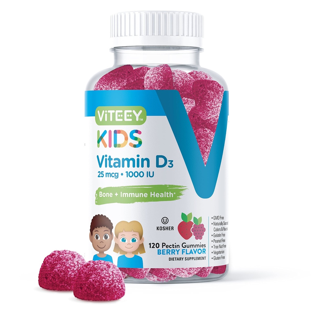Viteey Vitamin D3 Kids Gummies 25mcg 1000 IU - Bone Health, Immune Health, Joint Muscle Support - Vegetariano, Gelatin Free, Gluten Free, OGM Free - Tasty Chewable Berry Flavored