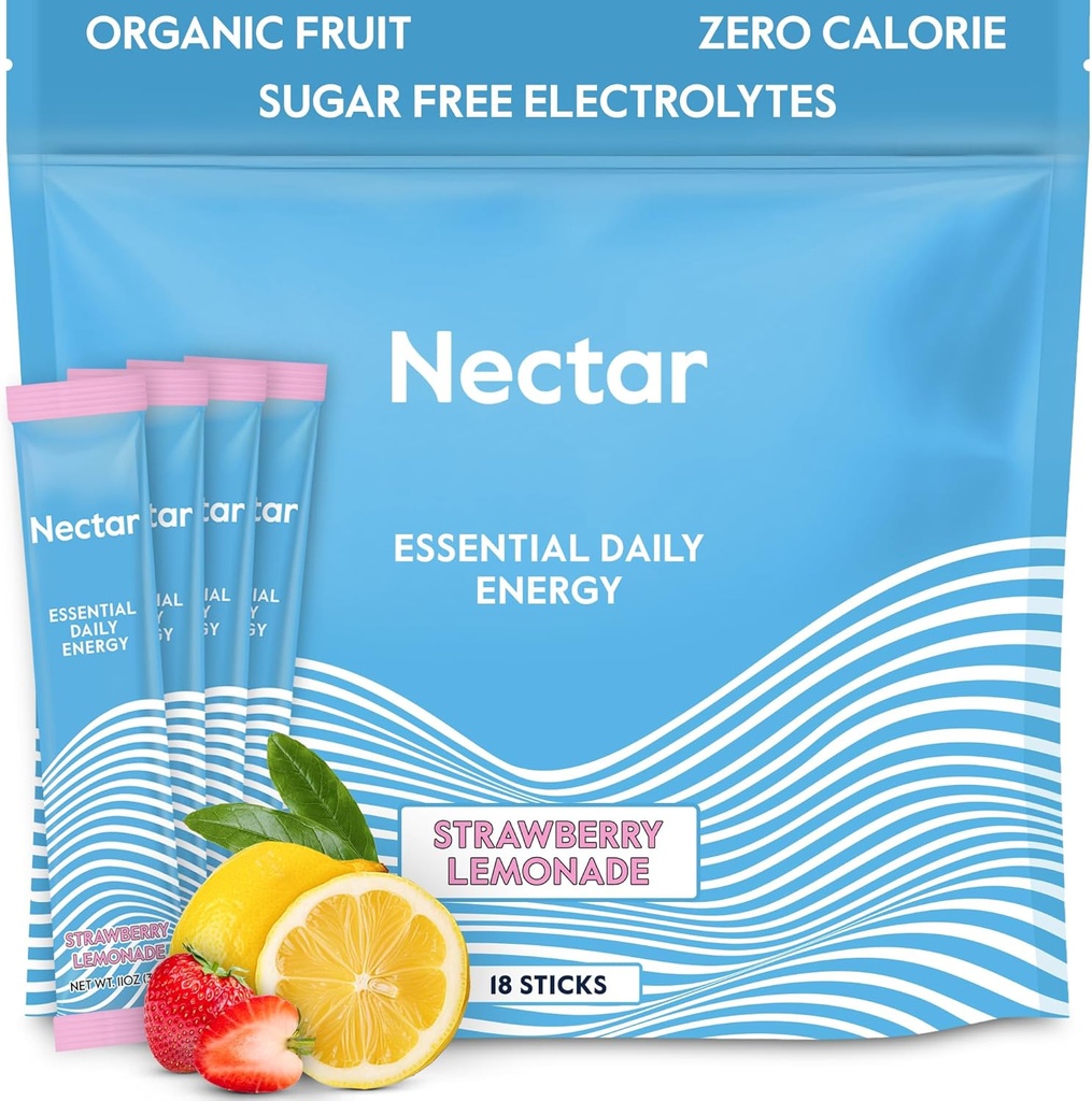 Nectar Energy Booster - Organic Caffeine, B12 & Electrolytes - Sugar Free & Zero Calorie – Caffetteria sana, Energy Drink & Soda Alternative – Hydration & Energy Supplement (Straw. Lemonade 18 Packets)