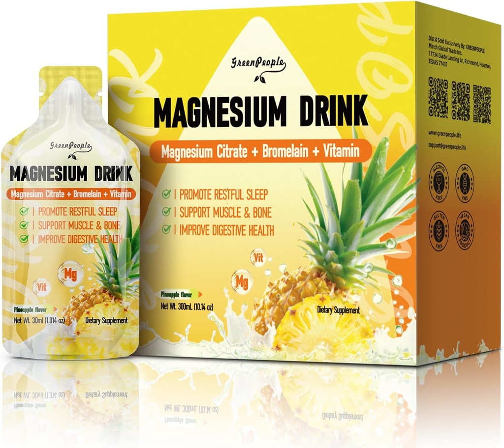GREENPEOPLE 7-in-1 Magnesio Citrato Liquido, Magnesio Citrato Integratori Bere con 280mg Magnesio, Zinco, Bromelain, Vitamina C D3 B6, Muscolo e Sonno Supporto per Bambini & Adulti, 1 fl.Oz (10Pcs)