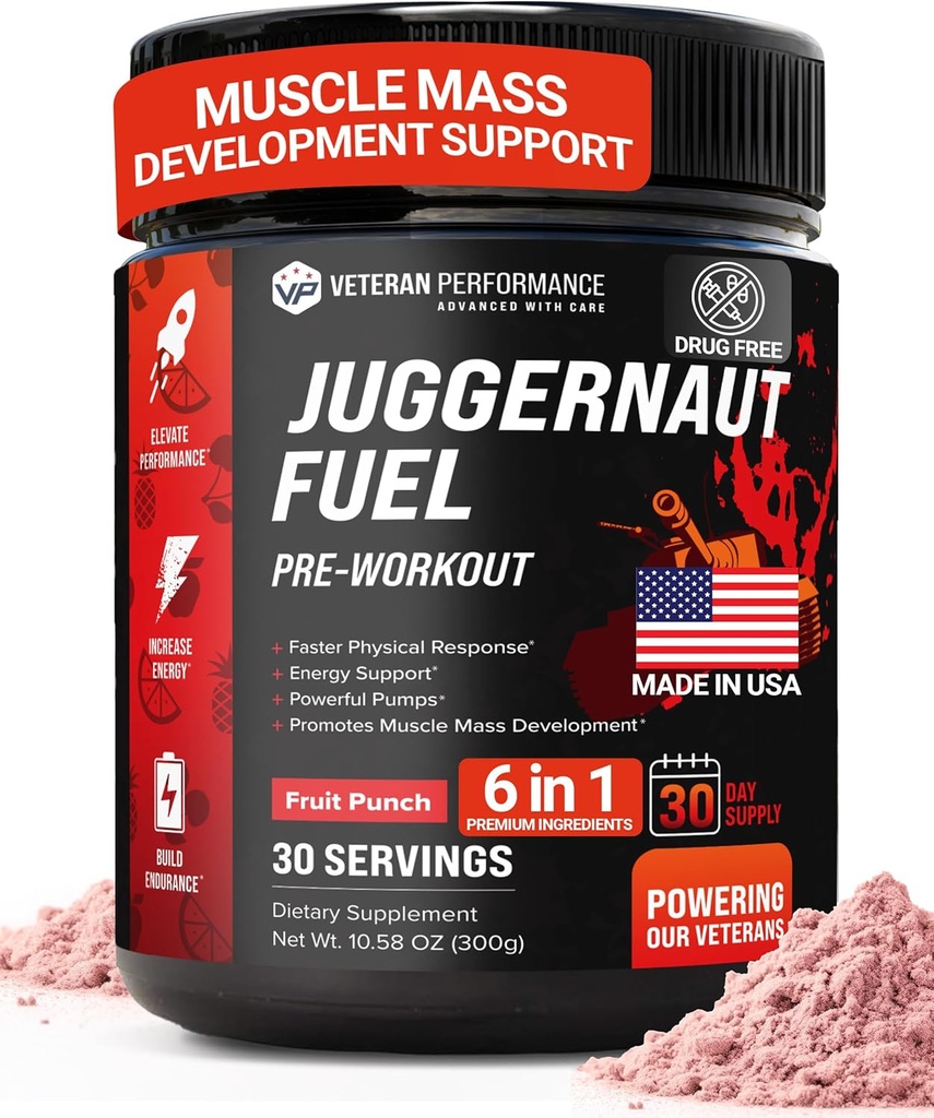 Juggernaut Fuel Preworkout. 30 Serve. Zucchero libero, nessun dolcificante artificiale, Creatina-Free Formula con Beta-Alanina per l'energia e l'idratazione. Realizzato in USA.