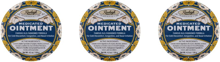 Rawleigh Medicated Ointment: 4.5 oz Blue Tin, Topical Chest Rub for Cold, Nasal Congestion, Minor Aches and Pain, with Camphor, Menthol & Eucalyptus, Non-Greasy Formula - Confezione da 3