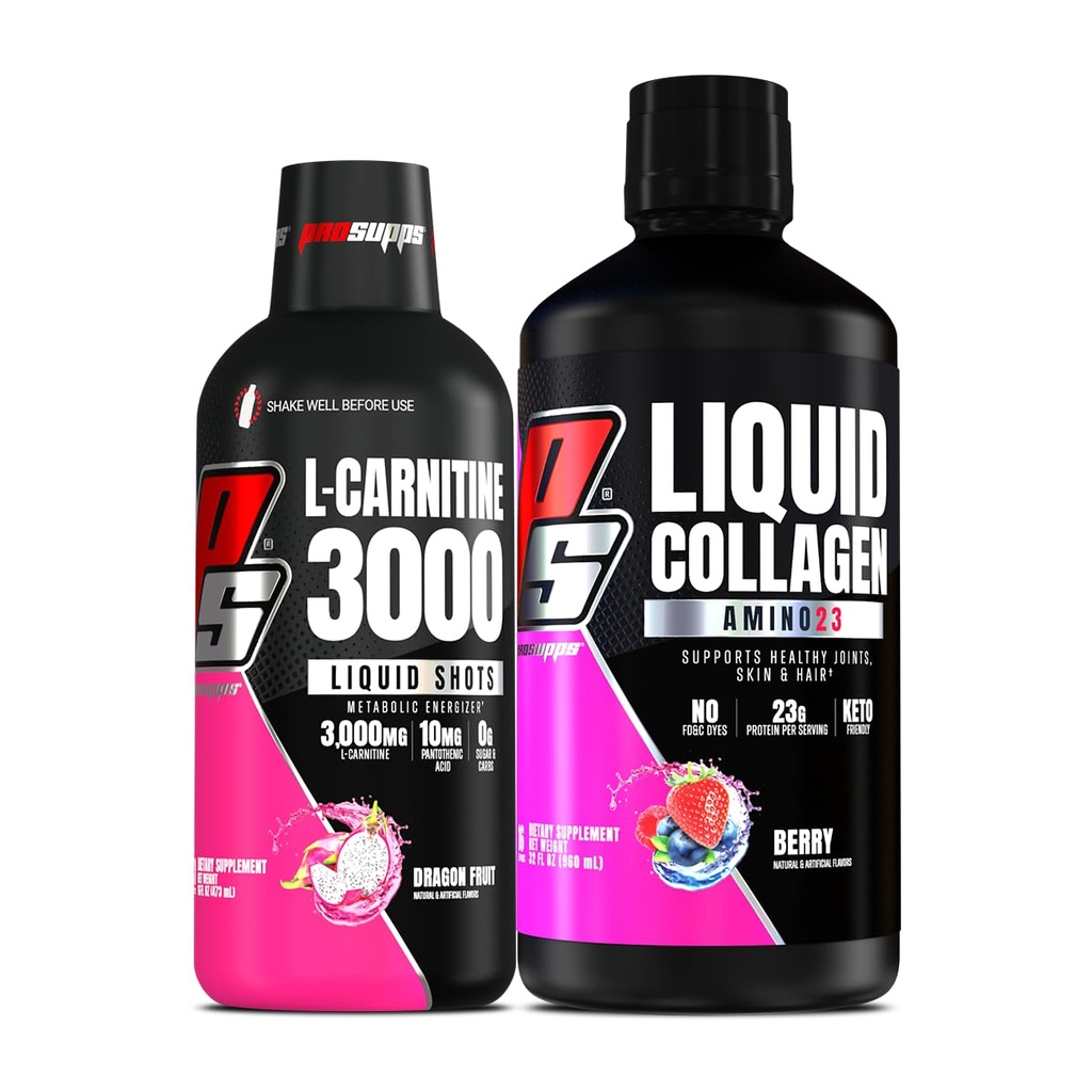 PROSUPPS L-Carnitina 3000 Stimulant Liquid Shots (Dragon Fruit) Amino23 Liquid Collagen Shots (Berry) Bundle