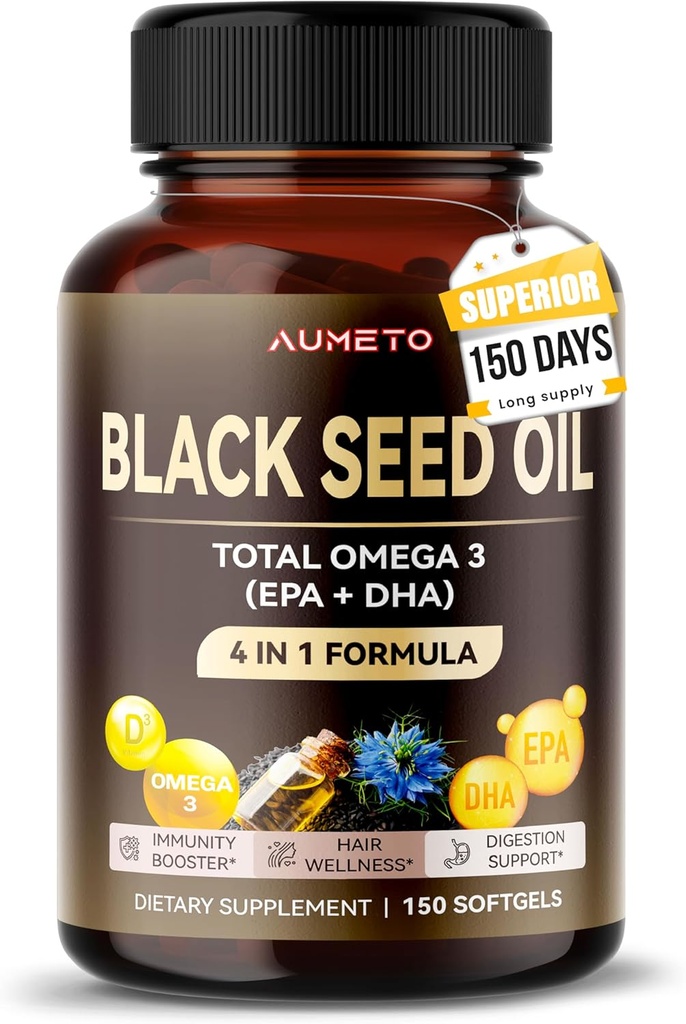 Olio di semi neri organici - 150 Softgel - 100% freddo Pressato Fonte di Omega 3 (EPA + DPA) - Pelle, capelli, supporto immunitario (150 conteggio (pacchetto di 1))