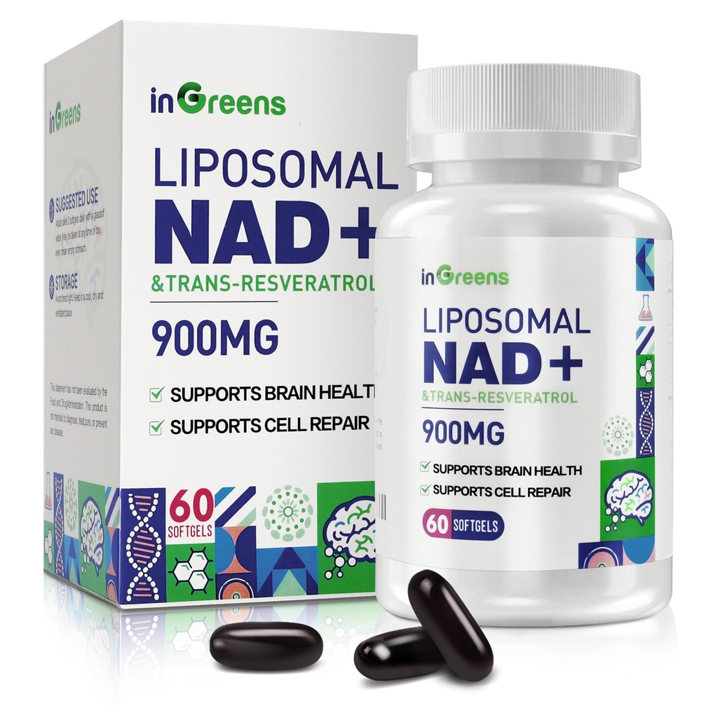 900 mg Liposomal NAD+ Supplemento con Trans Resveratrolo 300 mg, Sostituisce NMN, Assorbimento Superiore, Vero NAD Plus Supplemento per la riparazione del DNA e Boost NAD+, Difesa dell'invecchiamento, Energia, Longevità, 60 Softgels