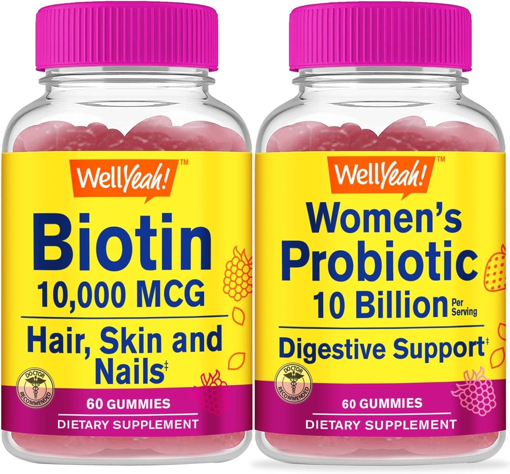 BeneSì Biotina ad alta potenza + Probiotici Donne 10B CFU, Gummies Bundle - Grande degustazione, Supplemento di vitamina, Senza glutine, OGM libero, pancia masticabile