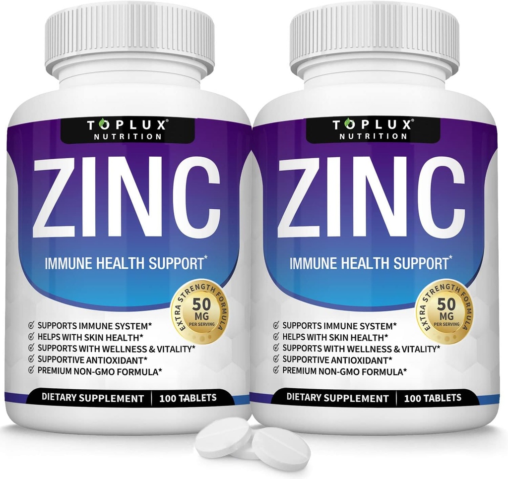 Integratore di zinco 50mg per il supporto immunitario – puro ossido naturale di zinco per aumentare il sistema immunitario, la pelle e il supporto antiossidante, Booster di immunità di alta potenza, per le donne degli uomini, 100 compresse