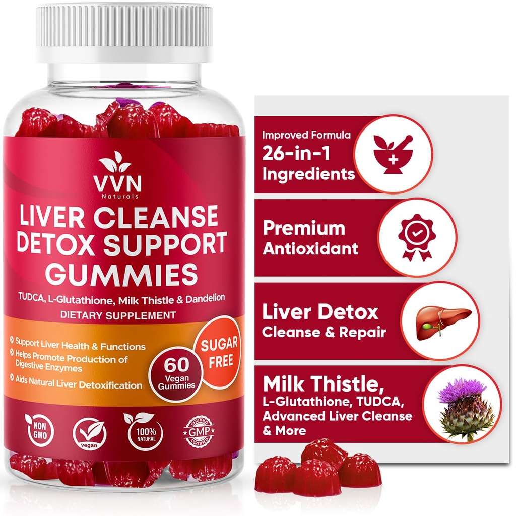 VVNaturals senza zucchero 26-in-1 fegato Cleanse Detox & Riparazione Fatty Liver Formula Gummies; 3000mg Blend of Glutathione, Silymarin Milk Thistle, Choline, TUDCA | Liver Detox Gummies - 60 Vegan Ct