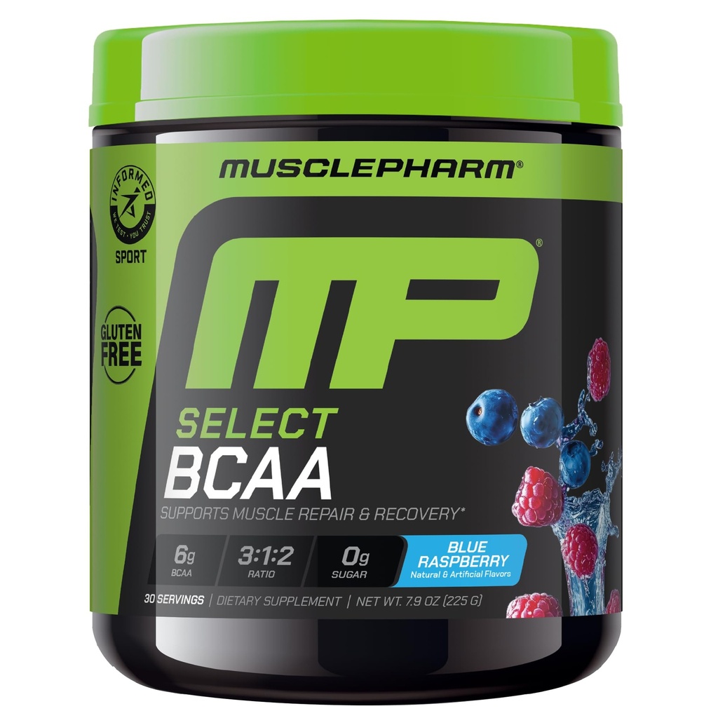 MusclePharm Essentials BCAA Polvere, Pre & Post Workout Recovery Drink, Supporta il recupero del muscolo e la produzione di energia, supplemento di aminoacidi essenziali, 30 Servings, Blue Raspberry Flavor