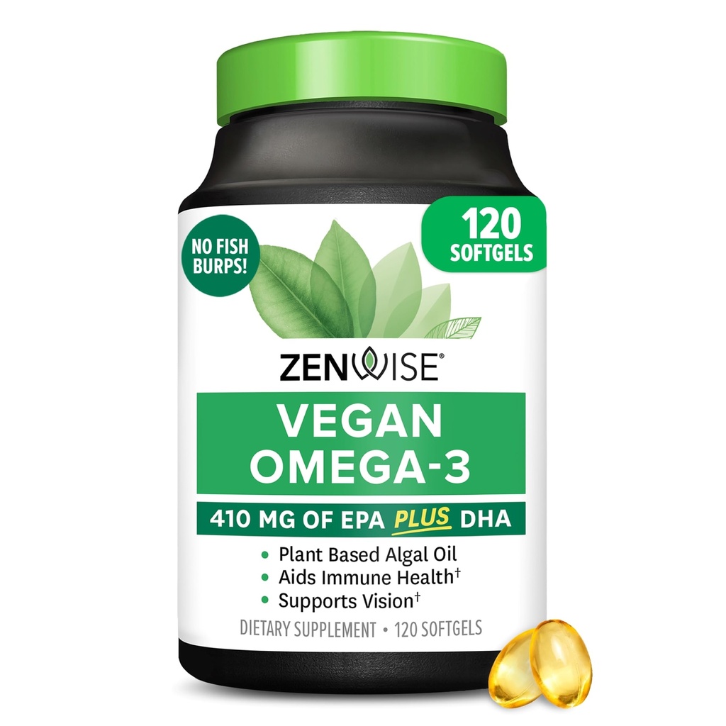 Zenwise Salute Vegan Omega 3 Supplemento - Burpless Omega 3 Supplemento con DHA, EPA & DPA acidi grassi per la salute immunitaria - Olio di pesce alternativa da Sustainably Sourced Marine Algae Oil - 120 Softgels
