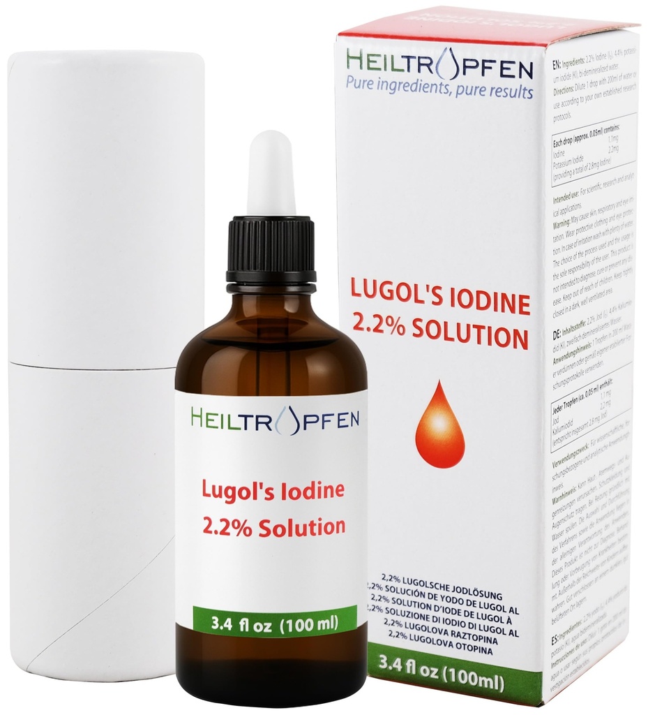 2.2% Soluzione di iodio di Lugol 3.4 Fl Oz | Ingredienti di grado farmaceutico | Soluzione Lugols Realizzata con Iodina e Potassium Iodide. Heiltropfen®