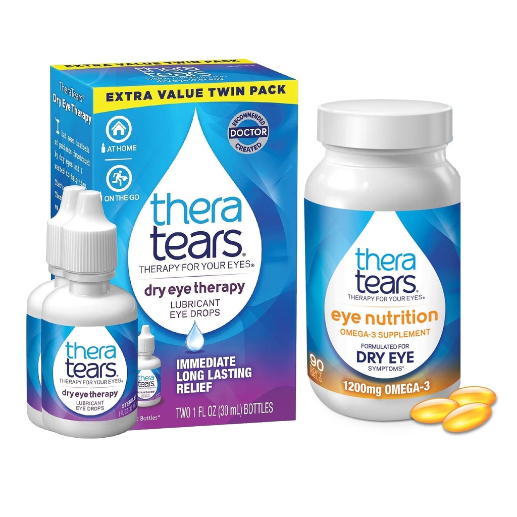 TheraTears 1200mg Omega 3 supplemento per la nutrizione degli occhi, e VIT E, 90 conteggio gocce per gli occhi secchi, Twin Pack, 30mL 1 Fl oz Ogni (Packaging May Vary)