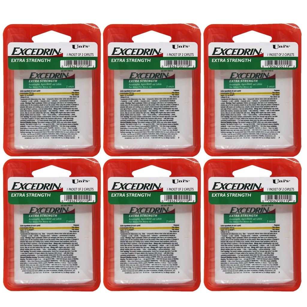 Uni's Excedrin Extra Strength 6 Count Single Dose Relief 2 caplets in ogni pacchetto. Aiuta allevia mal di testa, Toothache, Backache, Crampe mestruali, Common Cold e dolori muscolari.