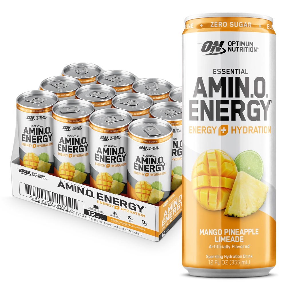 Optimum Nutrition Amino Energy Sparkling Hydration Drink, Electrolytes, Caffeina, Aminoacidi, BCAAs, Sugar Free, Mango Anaapple Limeade, 12 Fl Oz, 12 Pack (Packaging May Vary)