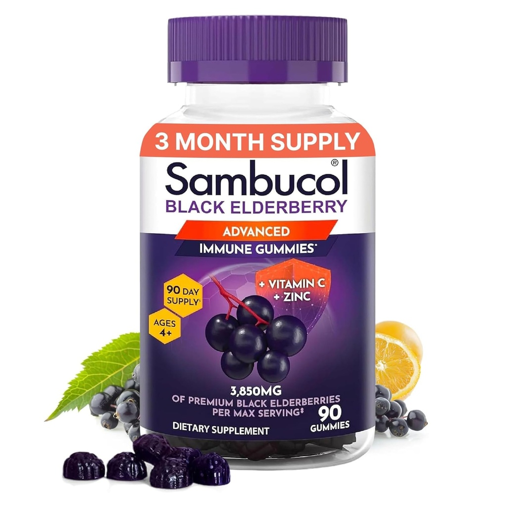 Sambucol Elderberry Gummies per adulti con vitamina C; Zinco; Sambucus Elderberry Gummies per il supporto immunitario con antiossidanti elevati; Gluten Free; Vegan; 1 Gummy Per Serving; 90 Conte (90 giorni di alimentazione)