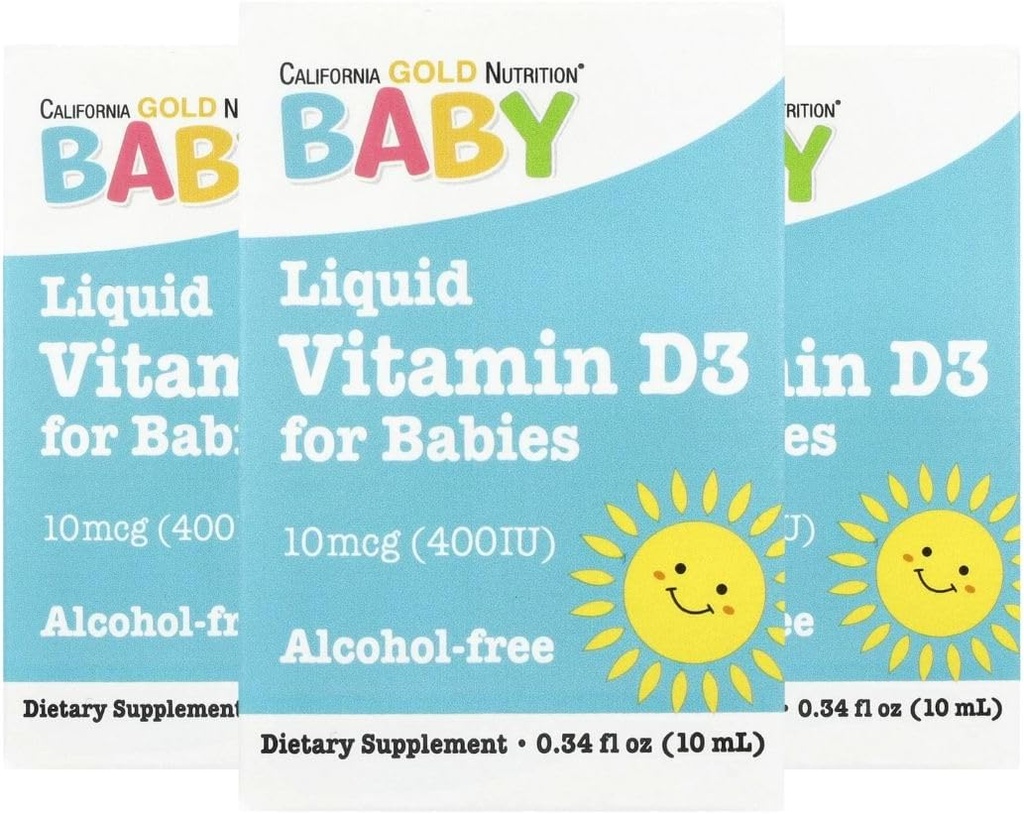 California Gold Nutrition Baby Vitamin D3 - Liquid D3 Supplemento per bambini, Per vegetariani - Supporto per lo sviluppo - Alcol & Gluten Free, Non-GMO - 10 mcg (400 IU) - 0.34 fl oz (10 ml), 3
