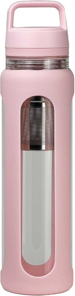 Bottiglia di vetro 20oz con maniche in silicone, tazza 600ml con 2 coperchio di livello (bocca di velluto e piccola bocca diritta bere) con bottiglia di tè Leak - Gym Yoga Attività all'aperto (Pink)