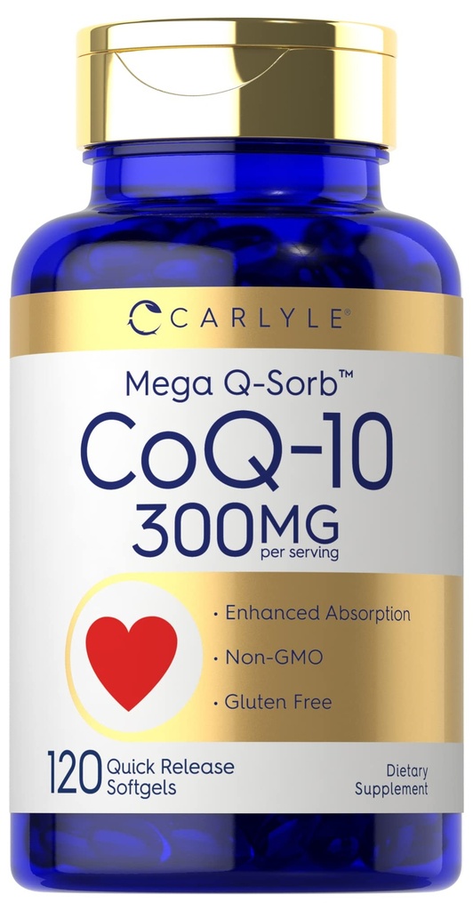 Carlyle CoQ10 300mg | 120 Softgels | Mega Q-Sorb Coenzyme Q-10 | con estratto di pepe nero | Non OGM, Integratore senza glutine