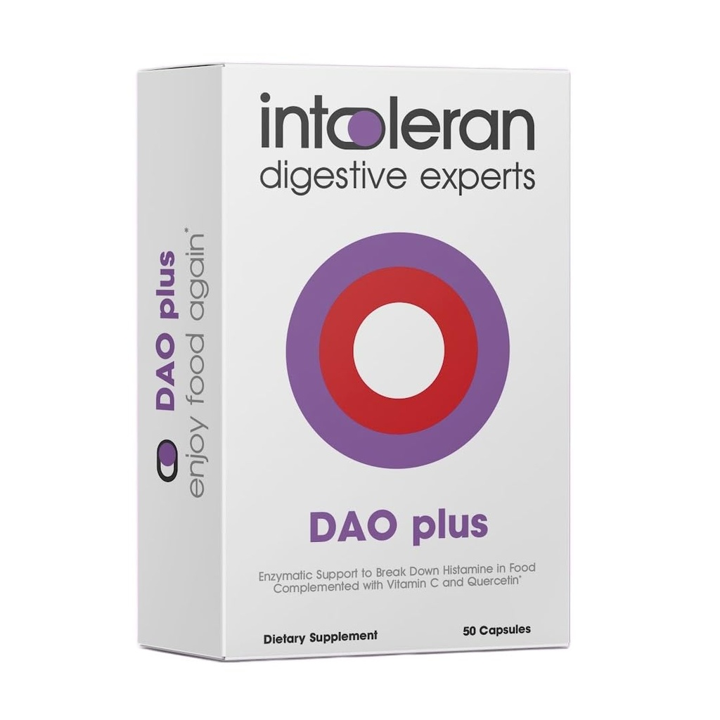 Intoleran DAO Plus Digestive Enzymes - 50 Capsule | Supplemento per l'intolleranza istamina e la carenza di DAO | Livelli sani di istamina | 30.000 HDU Diamine Oxidase (DAO) Enzyme | Vitamina C & Quercetin