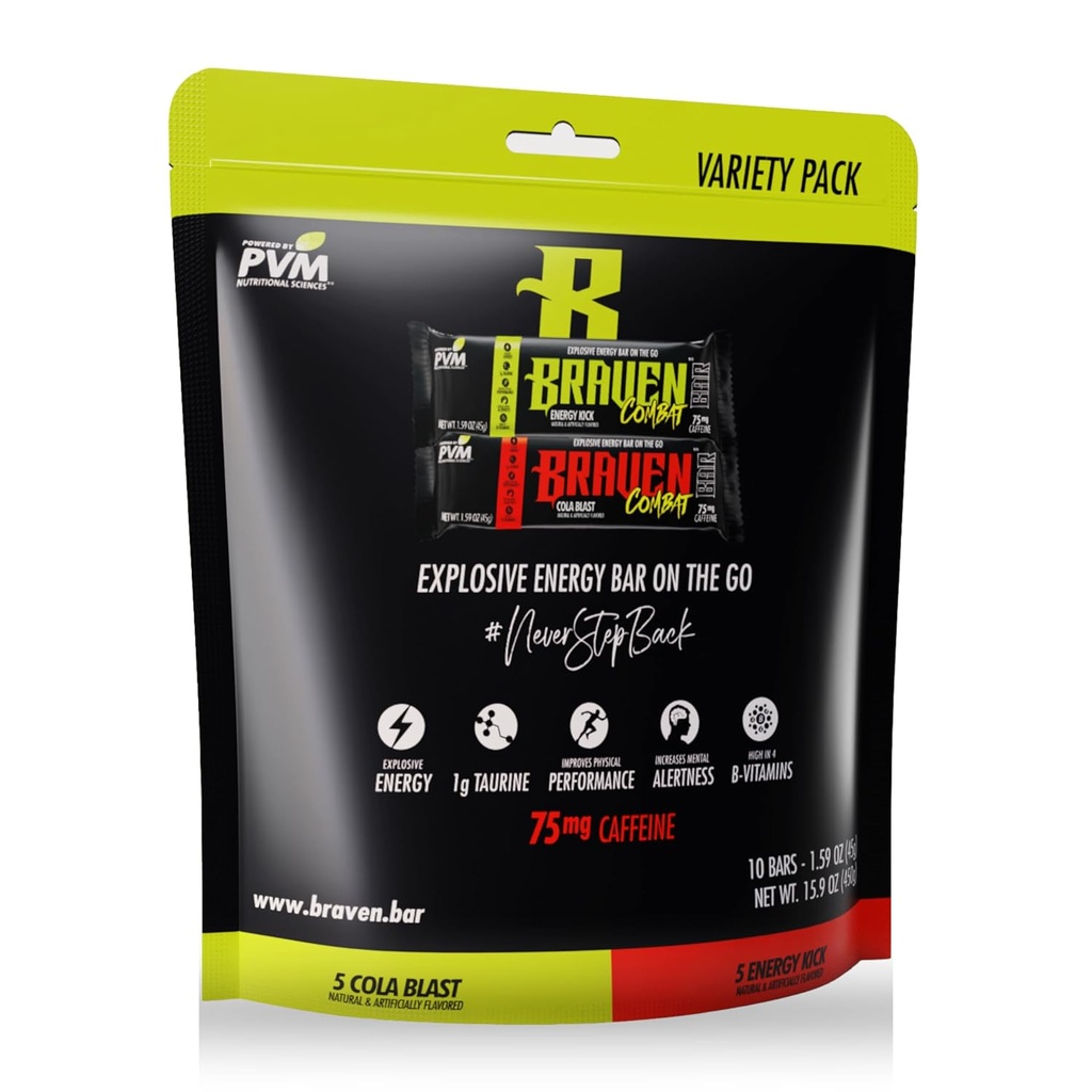 Braven Combat Variety Pack Energy Bars with Caffeine (1.59 oz, Confezione da 10) – On-The-Go Energy Bars con 75 mg di caffeina – Gluten Free Snacks