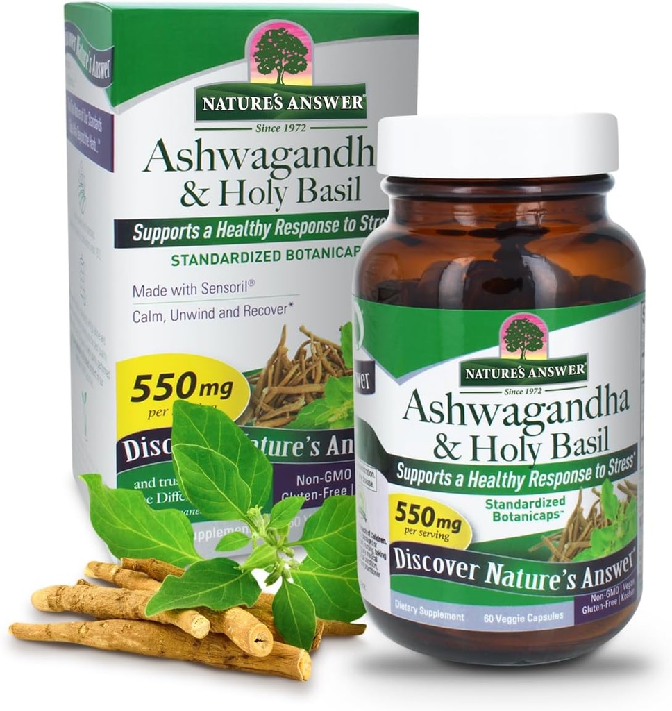 Risposta della natura Ashwagandha Root with Holy Basil 60 Capsules | Supporta una risposta sana allo stress* | Calm. Relax and Unwind*. | Gluten Free | Non-GMO | Kosher | Vegan | Vegetariano