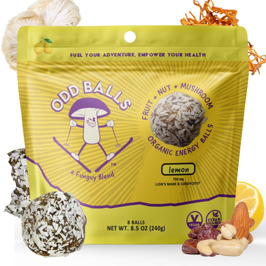 ODD BALLS Organic Energy Balls Lemon - Superfood Mushroom Snack - Running, Ciclismo, Escursionismo - Gel, Bar Alternative - Lion's Mane Focus, Cordyceps Energy - Vegan, Gluten Snack gratuiti per bambini e adulti