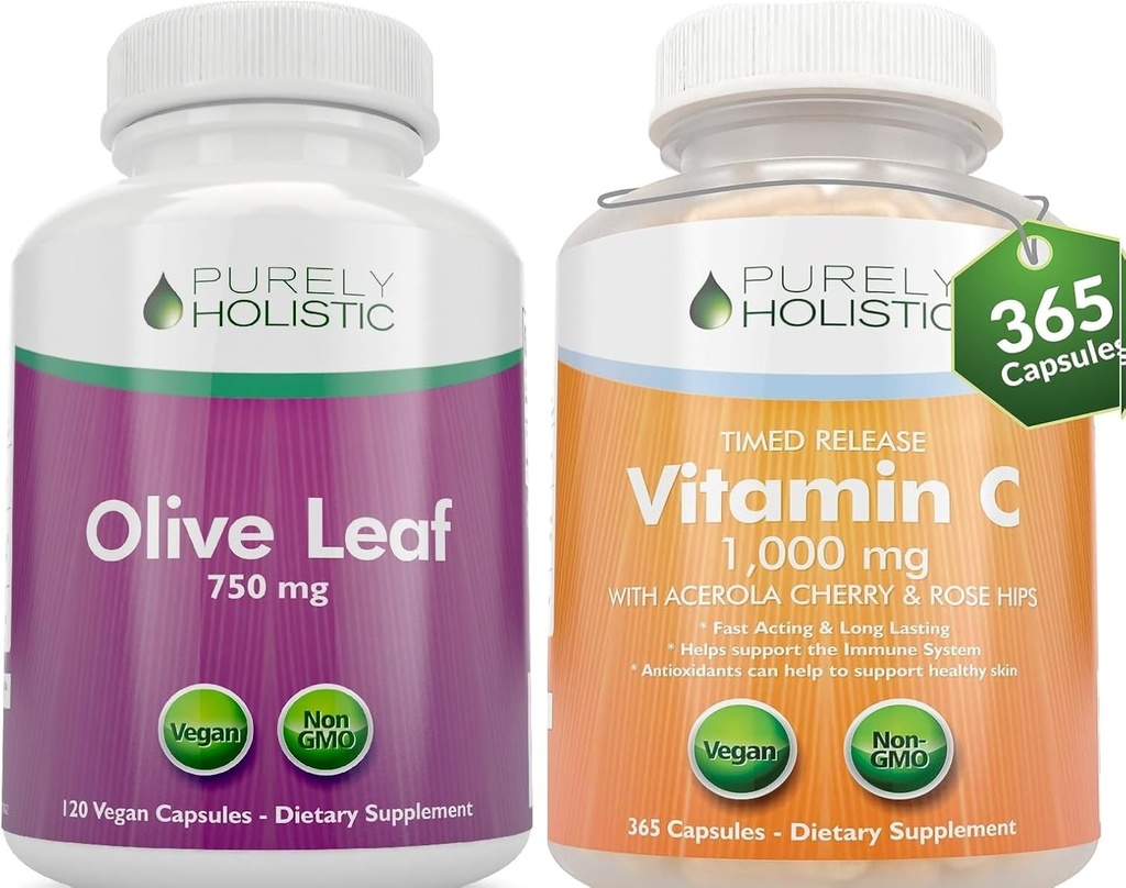 Estratto di foglie di oliva puramente olistico 750mg + vitamina C 1000mg 2 Bundle di rilascio - 485 capsule vegan - Made in the USA