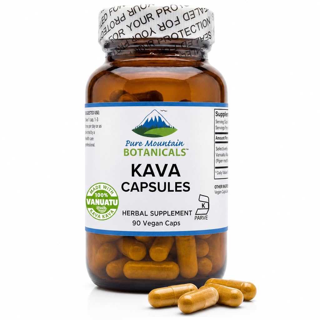 Pure Mountain Botanicals Kava Capsules - 90 Kosher Vegan Caps con 400mg Wild Vanuatu Kava Root Extract