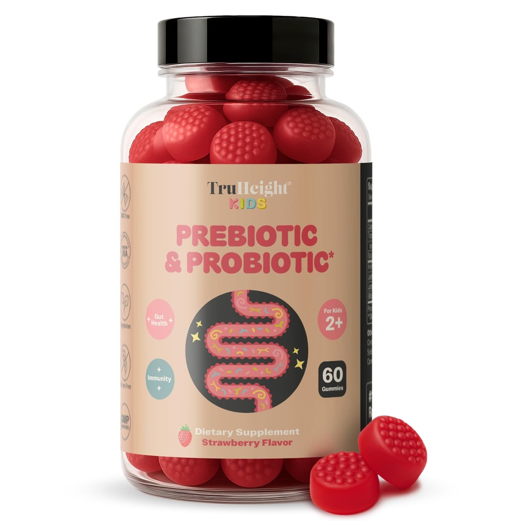 TruHeight Kids Prebiotici & Probiotic Gummies Età 2+ (Strawberry Flavor) Toddlers & Kids All Natural Gut Health, Digestive Enzymes & Constipation Relief Supplement - Pediatric Vitamine consigliate