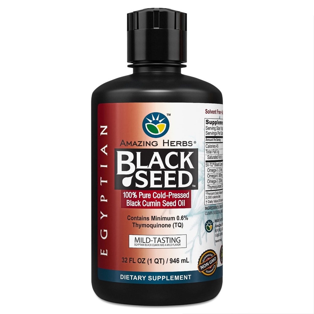 Sorprendente erbe Egiziano Nero Seed Oil - Gluten Free, Non OGM, Freddo Pressato Nigella Sativa Aids in Salute Digestiva, Supporto Immune, Funzione cerebrale, Mite Flavor - 32 Fl Oz