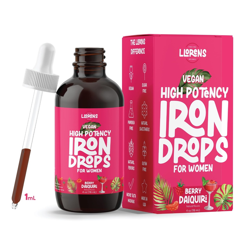 LLORENS PHARMACEUTICAL Iron Supplemento per donne Iron Drops Supporto giornaliero, 20 mg di Polysaccharide Complex Gusto gratuito, Dolci naturali, Vegan e Paraben Free (Berry Daiquiri, 4 Fl Oz)