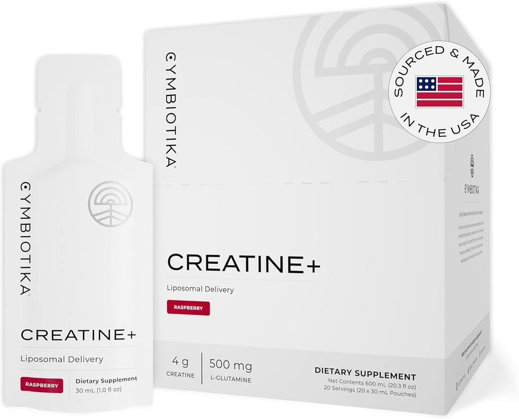 CYMBIOTIKA Creatina+, Integratore di creatina e glutammina per Amino Energy, Recupero, Supporto di massa muscolare e cervello, Consegna Liposomal, Gluten Free & Vegan, Sapore di lampone - 30ml Pouches (Pack of 20)