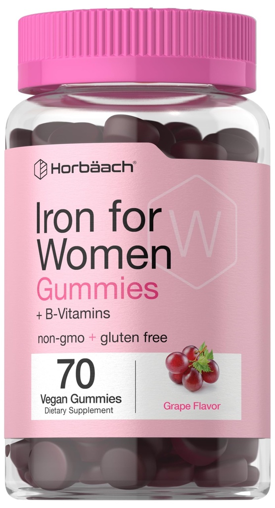 Horbäach Iron Gummies per le donne | 70 Count | Grape Flavor | Supplemento con B Vitamine Folate e Zinc | Vegan, Non OGM & Gluten Free