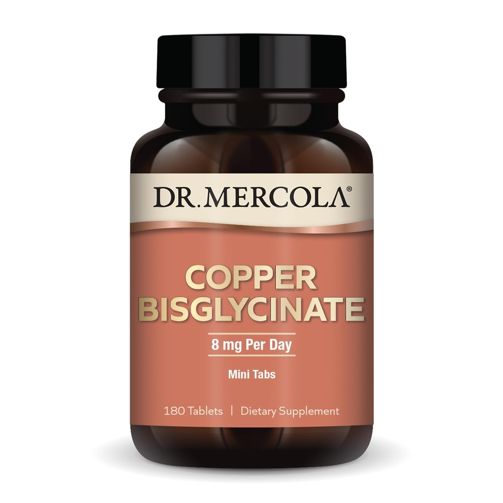 Dr. Mercola Copper Bisglycinate, 90 Serve (180 compresse), Integratori alimentari, 8 mg al giorno, Mini Tabs, Supporti Salute complessiva, Non OGM