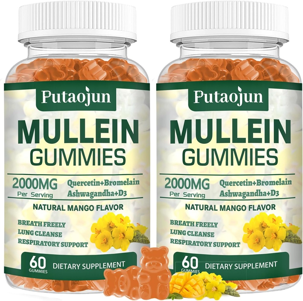 Mullein Gummies per polmoni | 2000mg Estratto di foglie di Mullein per il supporto respiratorio e immunitario | Pure Vegetarian Mullein Gummies Herbal | Soft and Non Sticky | Mango Flavor | 2 Pack