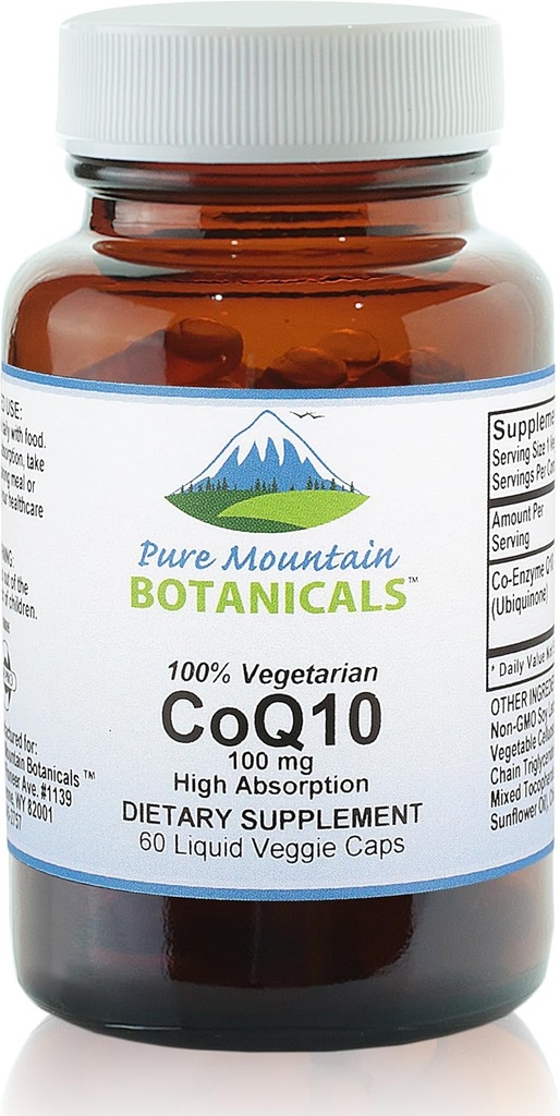 Pure Mountain Botanicals Coq10 100mg Softgels - 60 Vegan Kosher Capsule con Ubiqunone Coenzyme Q10 Supplemento