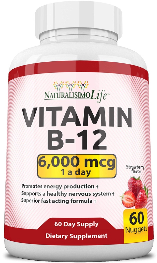 NaturalisimoLife Vitamina B12 6.000 mcg – Rapido Dissolvere le pepite di fragole – 60 Nuggets, Non-GMO, Vegan, Gluten Free