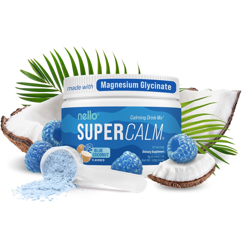 Nello Supercalm Polvere Bevande Mix, Cocco Blu, L Theanine, Ksm-66 Ashwagandha, Magnesio Glycinate, Vitamina D 3, Integratori per Rilassamento & Focus, No Sugar, Non OGM, On The Go, 30 Srvgs