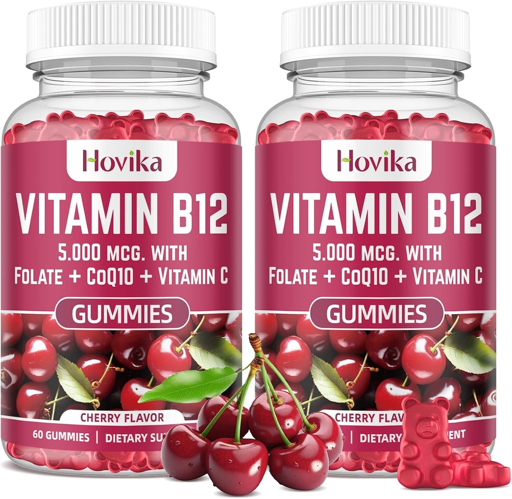 Vitamina B12 Complesso 5000 mcg Methyl B12, Adenosyl B12 & Hydroxy B12, con Coenzyme Q10, Folate, Vitamina C, Chewable B 12 per il supporto energetico, Metabolismo, Bone Salute - Cherry Flavor, 2 Pack