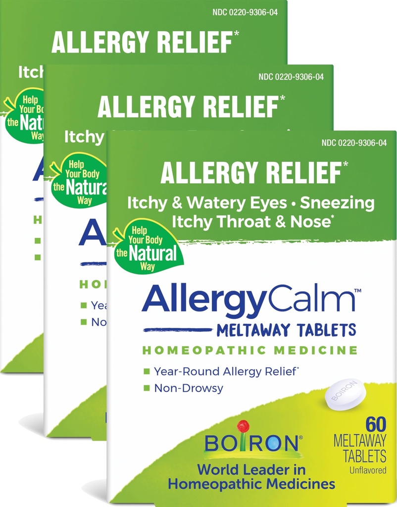 Boiron AllergyCalm Tablets 180 Conte, Rilievo da Allergie e Hay Fever Sintomi di Sneezing, Runny Nose, and Itchy Eyes or Throat, Allergy Calm Tabs (Formerly RhinAllergy) (Pack of 3 60ct Boxes)