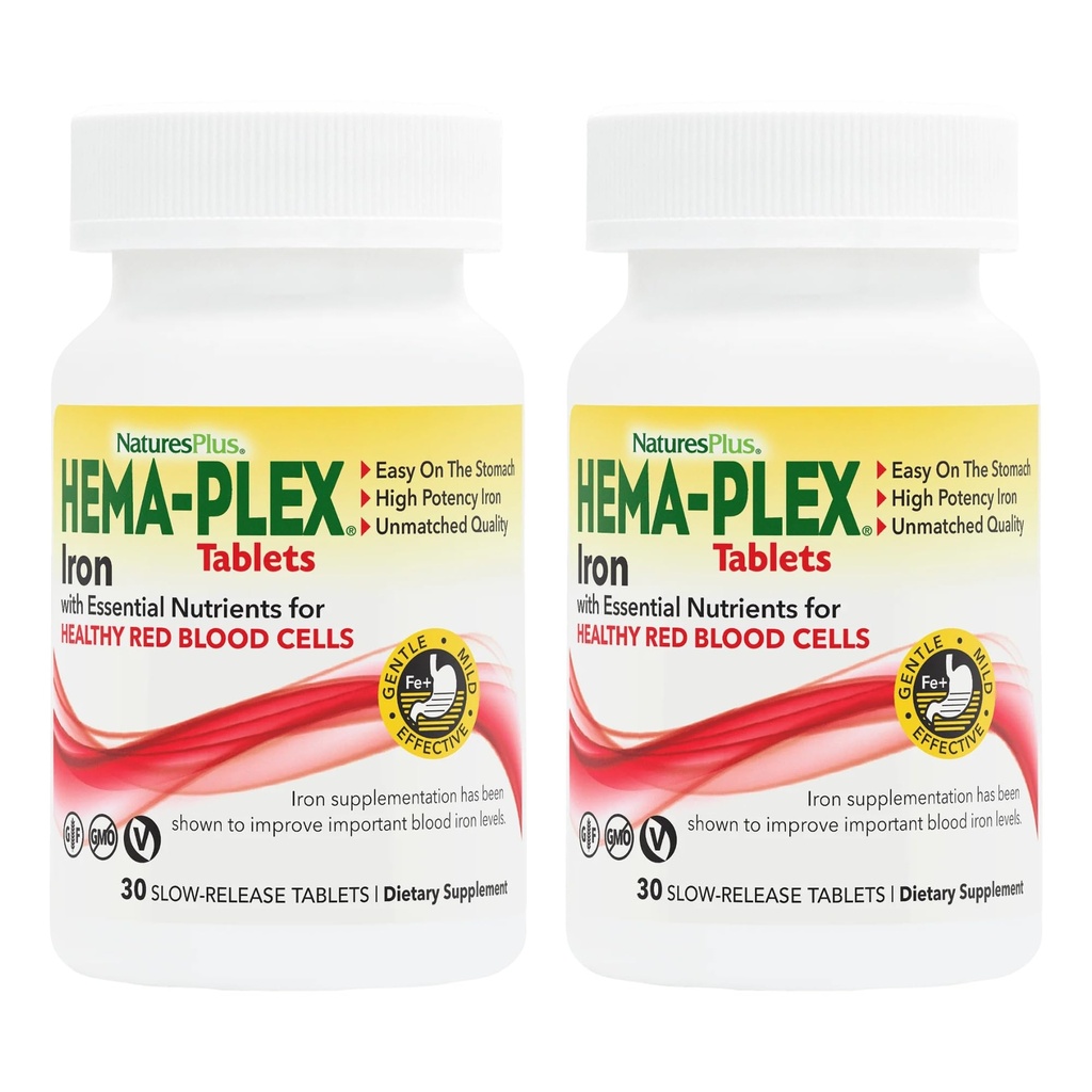 NaturesPlus Hema-Plex Iron - 30 compresse Slow-Release, Confezione da 2 - Totale Sangue - 85 mg Ferro Chelato - con Vitamina C & Bioflavonoidi - Non OGM, Vegetariano & Gluten Free - 60 Total Servings