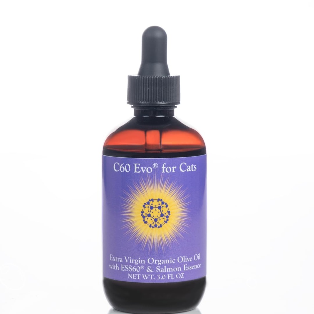 Olio ESS60 per gatti - Olio Extra Vergine di Oliva Biologico, Pure C60 ESS60 (.8 mg/mL) & Natural Salmon Essence per sostenere la Flessibilità, Energia, Immunità, Longevità - 3 oz