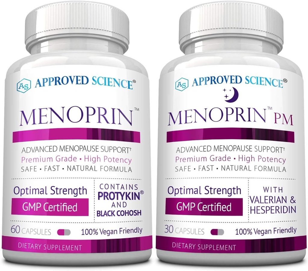 Approved Science Menoprin - Supporto Menopause - Protykin, Nero Cohosh - 1 bottiglia Menoprin Day + 1 bottiglia Menoprin PM - Vegan