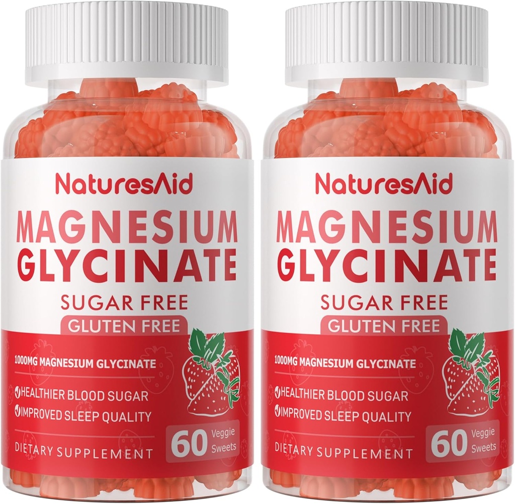 Magnesio Glycinate Gummies 1000mg - Zucchero Gratuito Magnesio Supplemento di Potassio con Vitamina D, B6, CoQ10 per Calma Mood & Sleep Support - 120 Gummie di Fragola -2 Pack