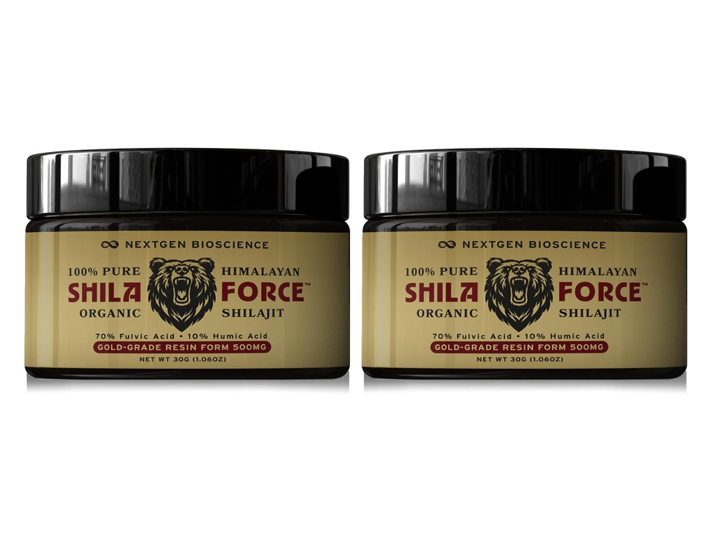 ShilaForce Shilajit (2-Pack) Pure Gold-Grade Wild-Harvested Himalayan Organic Resina - 500mg 70% Acido Fulvico & 10% Acido Humico con 85+ Minerali Trace per il supporto energetico e immunitario